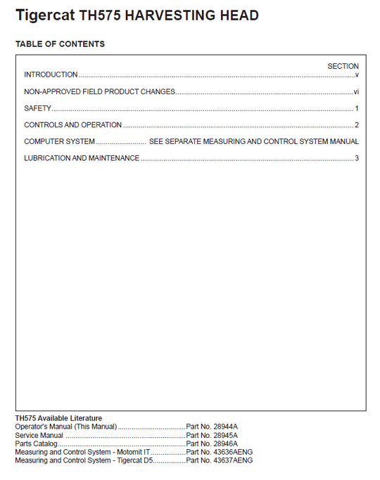 TIGERCAT TH575 HARVESTING HEAD OPERATOR/USER MANUAL (5750101-5752000)