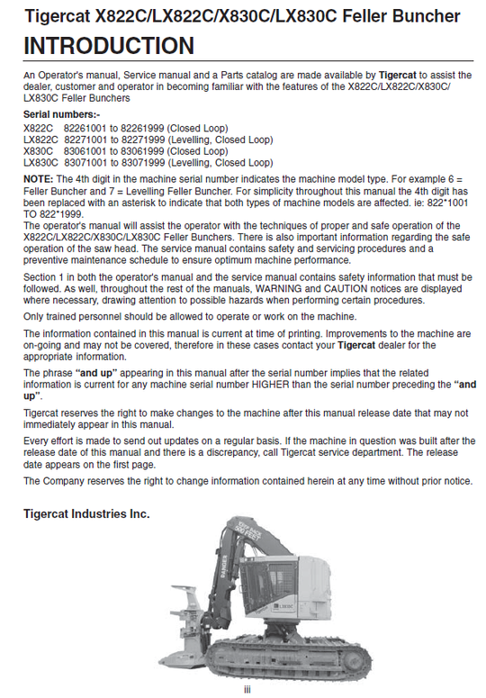 TIGERCAT LX822C FELLER BUNCHER OPERATOR/USER MANUAL (82271001-82273000, 82271001-82271999)