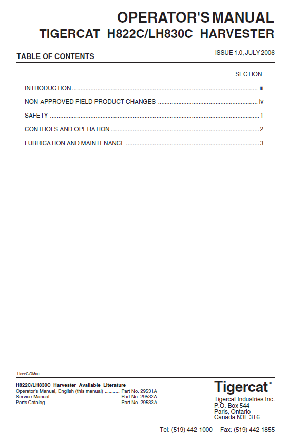 TIGERCAT LH830C HARVESTER OPERATOR/USER MANUAL (83081001-83083000)