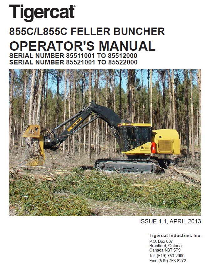 TIGERCAT L855C FELLER BUNCHER OPERATOR/USER MANUAL (85520101-85522000, 85521001-85522000) - PDF FILE DOWNLOAD