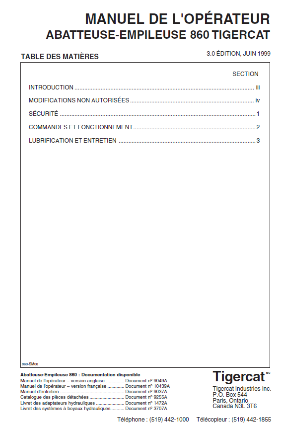 TIGERCAT 860 FELLER BUNCHER OPERATOR/USER MANUAL (8600501-86011499)