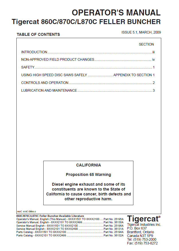 TIGERCAT 860C FELLER BUNCHER OPERATOR/USER MANUAL (86011501-86013500, 86011501-86012100)