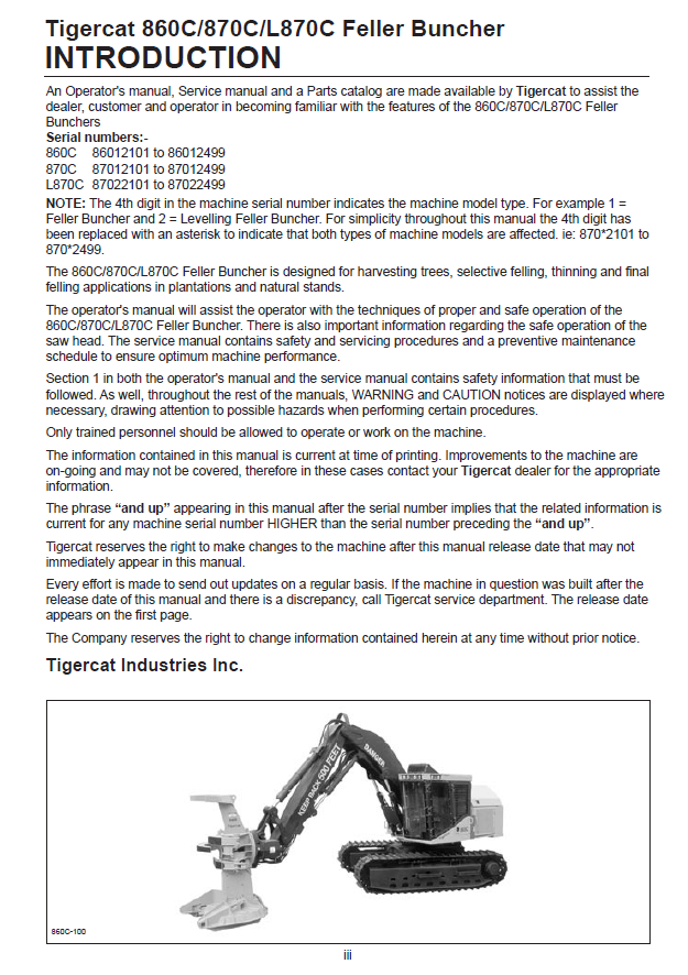 TIGERCAT 860C FELLER BUNCHER OPERATOR/USER MANUAL (86011501-86013500, 86012101-86012499)