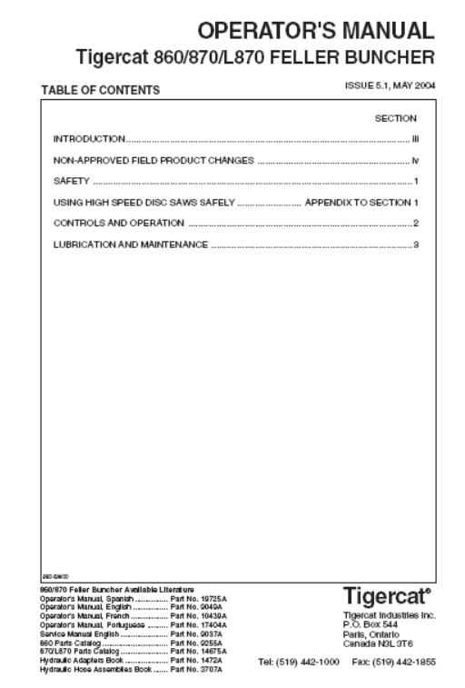 TIGERCAT 860T FELLER BUNCHER OPERATOR/USER MANUAL (860T508-860T799)