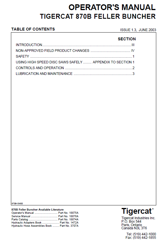 TIGERCAT 870B FELLER BUNCHER OPERATOR/USER MANUAL (8700501-8700999)