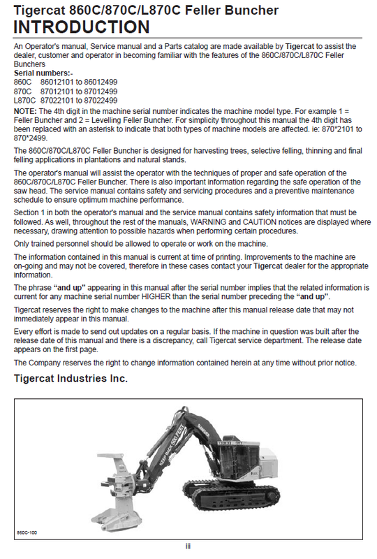 TIGERCAT 870C FELLER BUNCHER OPERATOR/USER MANUAL (87011501-87013500, 87012101-87012499)