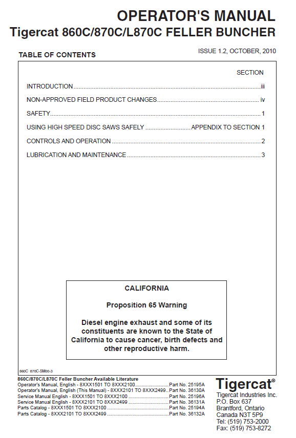 TIGERCAT L870C FELLER BUNCHER OPERATOR/USER MANUAL (87021501-87023500, 87022101-87022499)