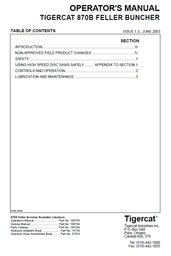TIGERCAT L870B FELLER BUNCHER OPERATOR/USER MANUAL (870T0501-870T0999)