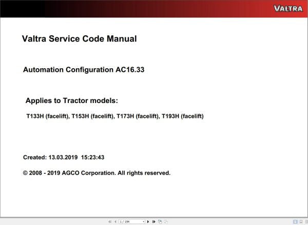 VALTRA Automation Configuration AC16.33 Service Code Manual – Complete Technical Guide