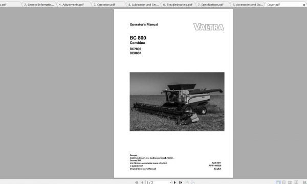 VALTRA SA Harvesting BC800, BC7800 & BC8800 Operator Manual PDF Download