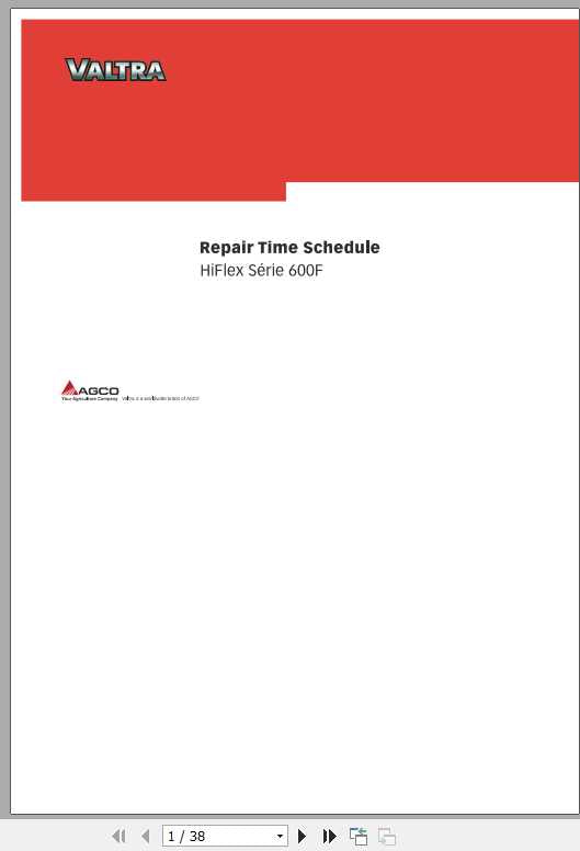 VALTRA SA Harvesting Plataforma HiFlex 600F Repair Time Schedule Manual