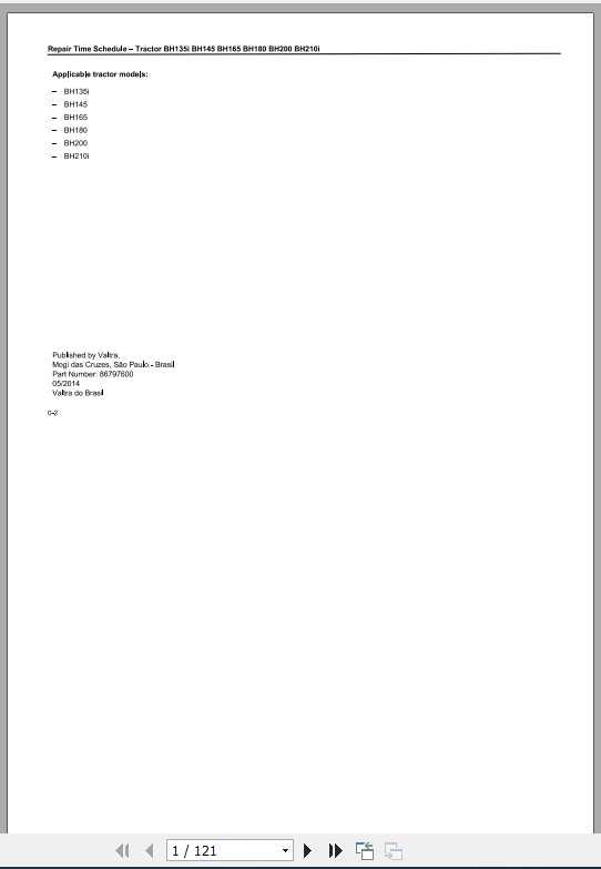 Valtra SA Tractor BH 135i-BH 210i Repair Time Schedule Manual 86797600