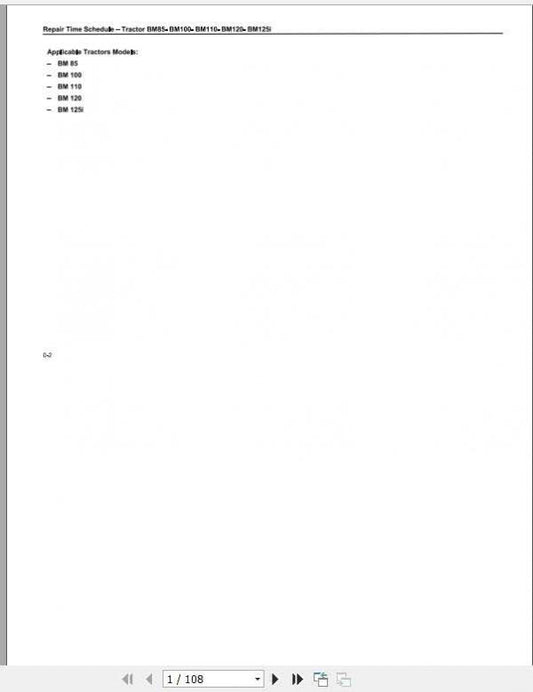 Valtra SA Tractor BM 85, BM 100, BM 110, BM 120 & BM 125i Repair Time Schedule Manual