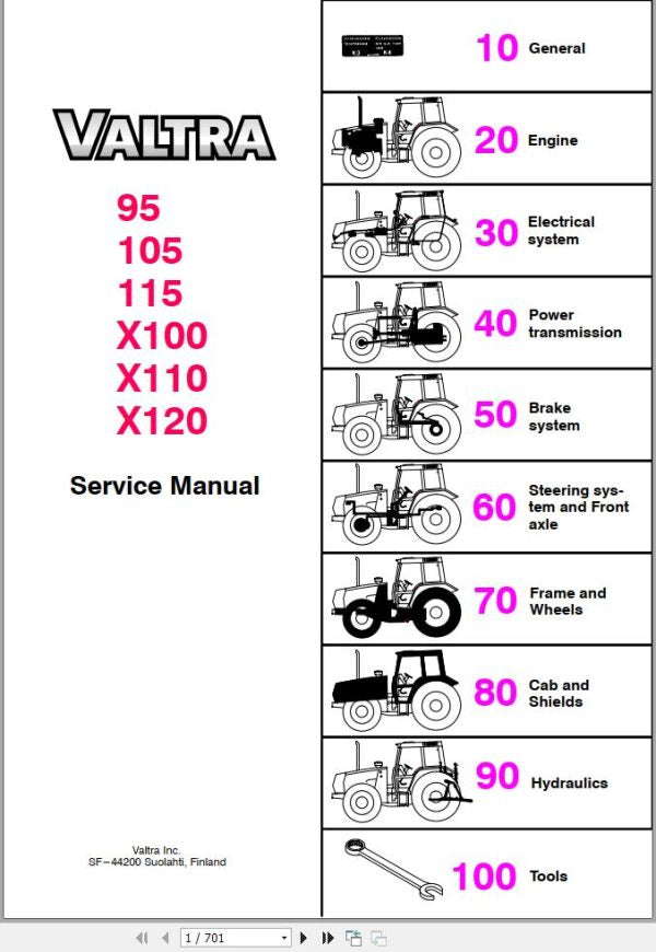Valtra 95, 105, 115, X100, X110, X120 Tractor Service & Repair Manual [PDF]