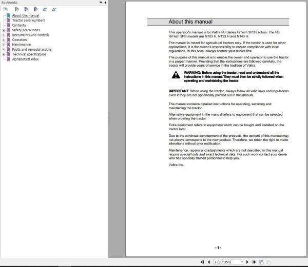 VALTRA TRACTOR N103H, N123H, N143H Operator’s Manual 39882211 – PDF Service & Operating Guide
