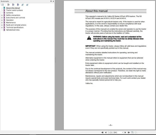 VALTRA TRACTOR N103H, N123H, N143H Operator’s Manual 39882211 – PDF Service & Operating Guide