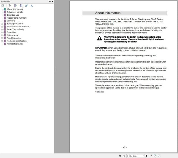 VALTRA Tractor T144D1B8–T234D1B8 Operator’s Manual 39928212
