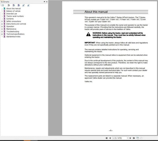 Valtra Tractor T144H1A7–T254H1A7 Operator’s Manual – Complete Service & Operating Guide