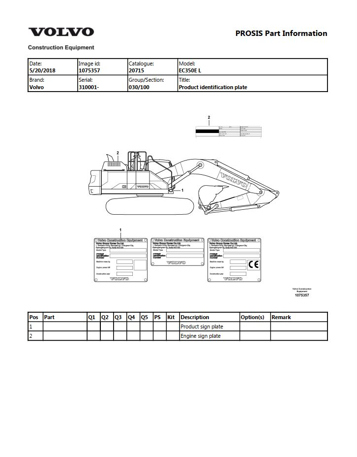 Volvo Excavator EC350E L Parts