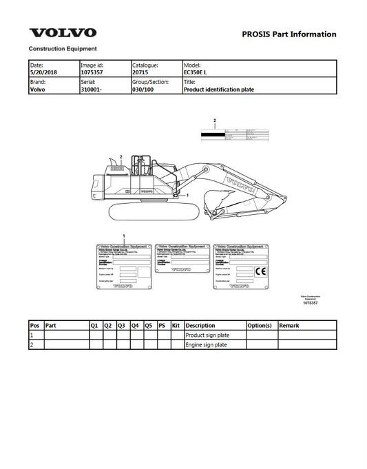 Volvo Excavator EC350E L Parts