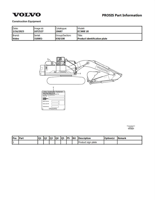 Volvo Excavator EC380E LR Parts
