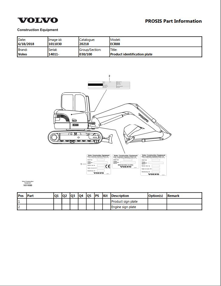 Volvo Excavator ECR88 14011 Parts