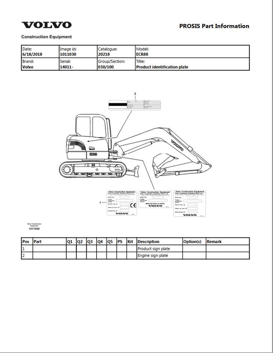 Volvo Excavator ECR88 14011 Parts