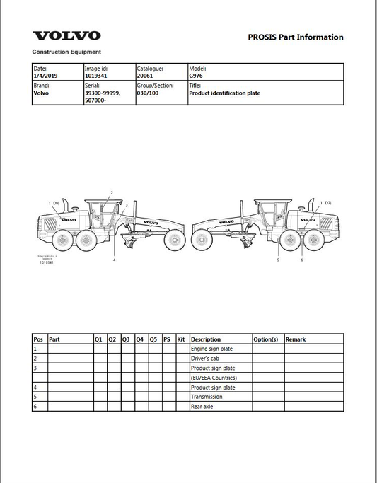 Volvo Motor Grader G976 Parts Catalog