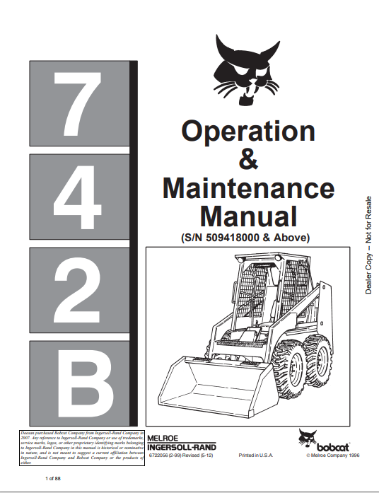 BOBCAT 742B OPERATION & MAINTENANCE MANUAL ( 6722056) - PDF FILE