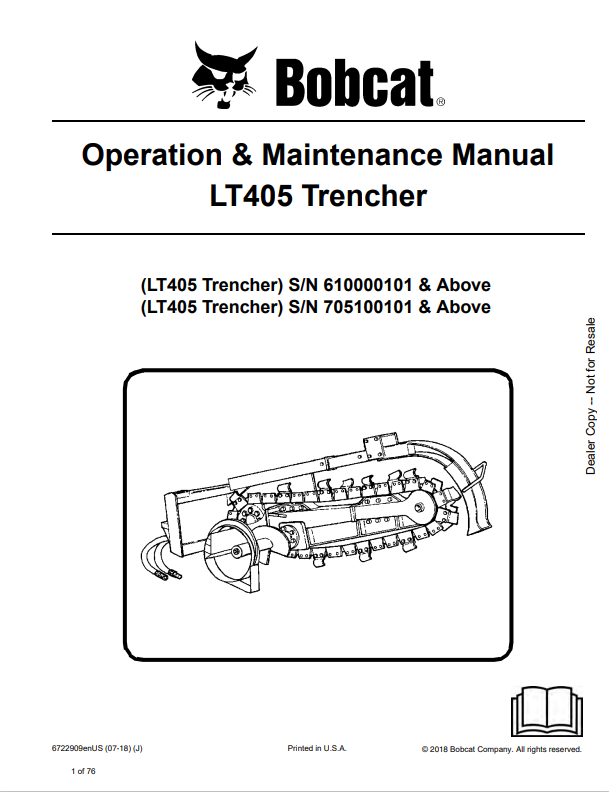 BOBCAT LT405 TRENCHER OPERATION & MAINTENANCE MANUAL (6722909) - PDF FILE