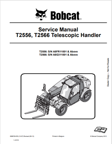 BOBCAT T2556, T2566 TELESCOPIC HANDLER SERVICE MANUAL (6986764) - PDF FILE