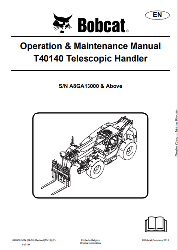 BOBCAT T40140 TELESCOPIC HANDLER OPERATION & MAINTENANCE MANUAL (6989561) - PDF FILE