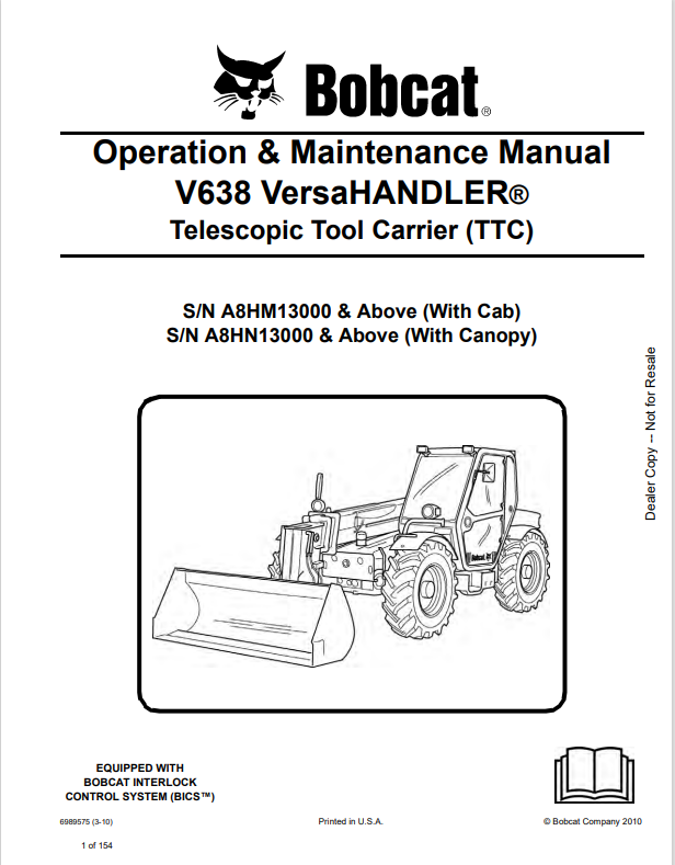 BOBCAT V638 VERSAHANDLER TELESCOPIC TOOL CARRIER (TTC) OPERATOR MAINTENANCE MANUAL (6989575) - PDF FILE