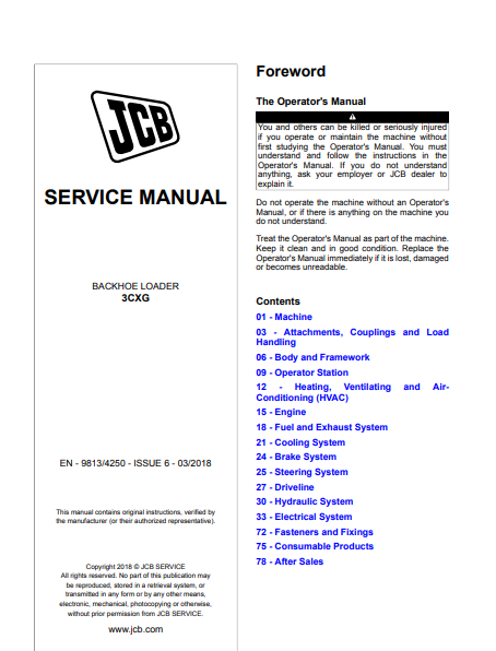 JCB 3CXG Backhoe Loader Workshop Service Repair Manual