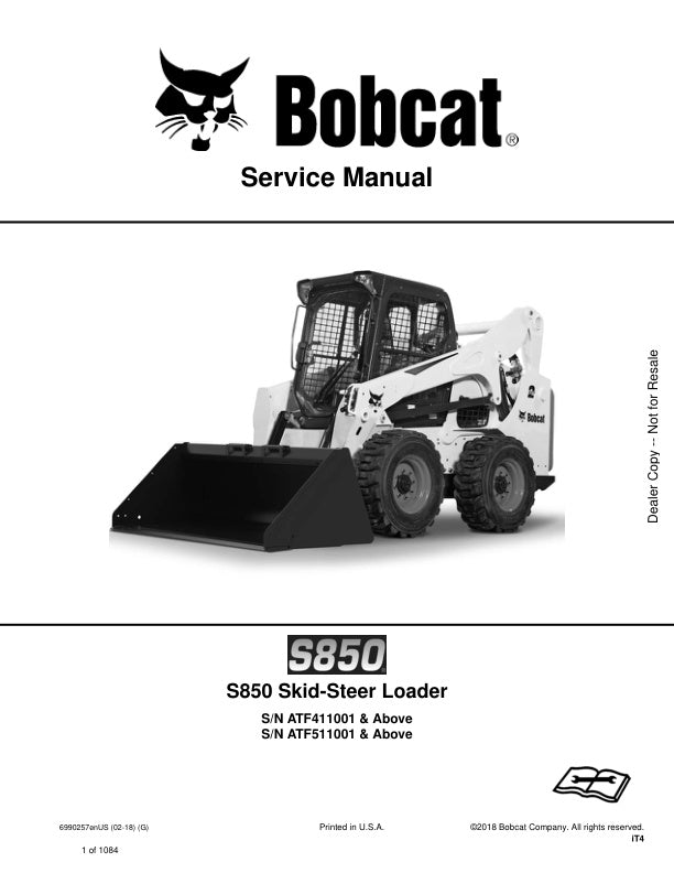 BOBCAT S850 ATF411001 ATF511001 & UP SKID-STEER LOADER SERVICE MANUAL 6990257 - PDF FILE