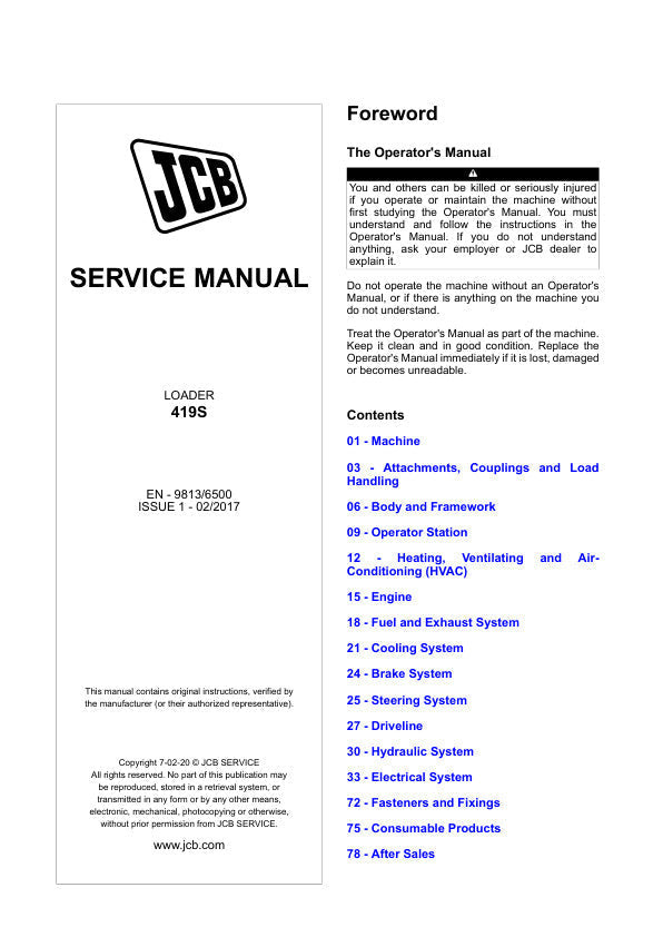 JCB 419S Loader Service Manual – 9813/6500 | Repair & Maintenance Guide