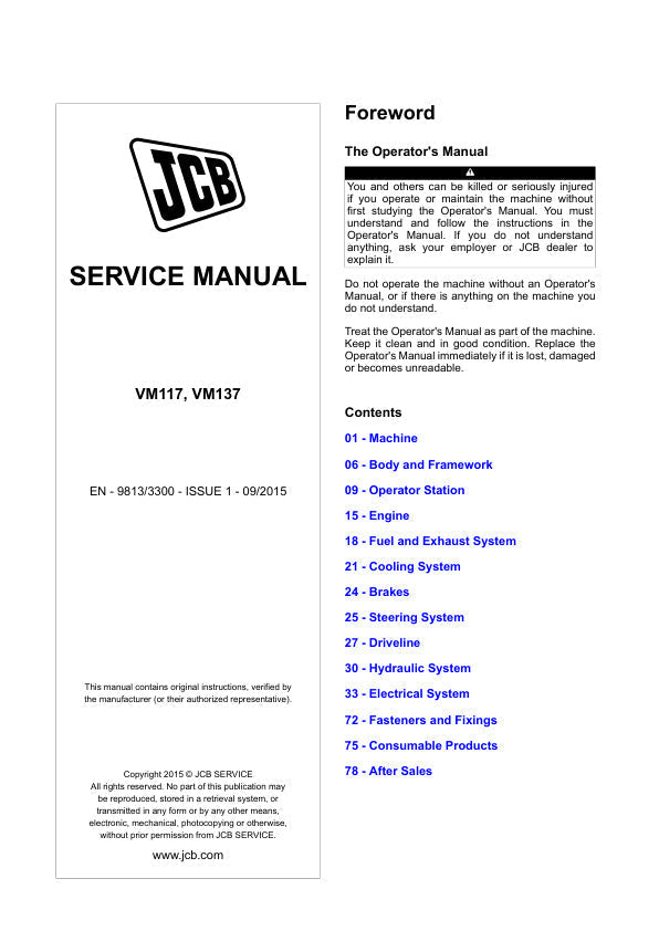 JCB VM117 & VM137 Vibromax Service Manual – EN 9813/3300 – Issue 1 – 09/2015