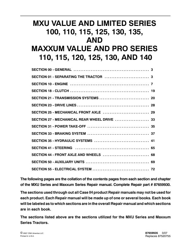 CASE 110, 115, 120, 125, 130, 135, 140 Tractor Service Manual - 87659935