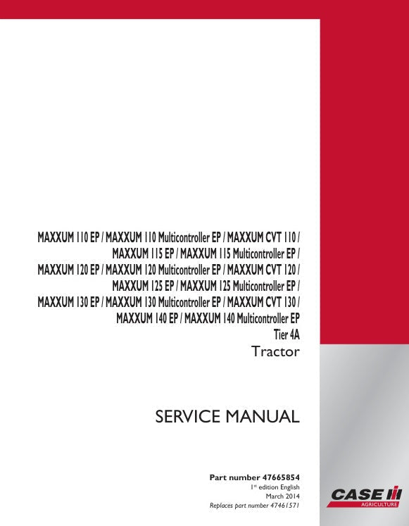 CASE Maxxum 110, 120, 125, 130, 140 Multicontroller EP/CVT Tier 4A Tractor Service Manual – 47665854