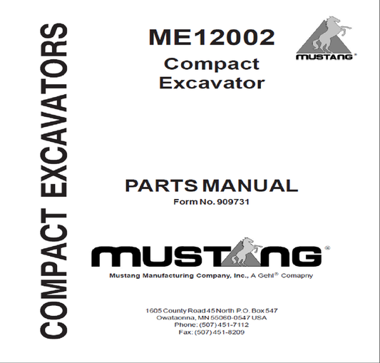 Mustang ME12002 Compact Excavator Parts Catalog Manual 909731 PDF Download