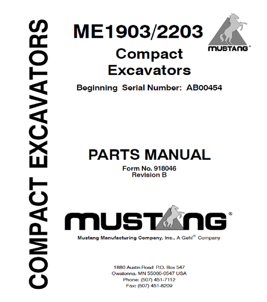 Mustang ME 1903/2203 Compact Excavators Parts Catalog Manual (SN AB00454 - AD00453) 918046 PDF Download
