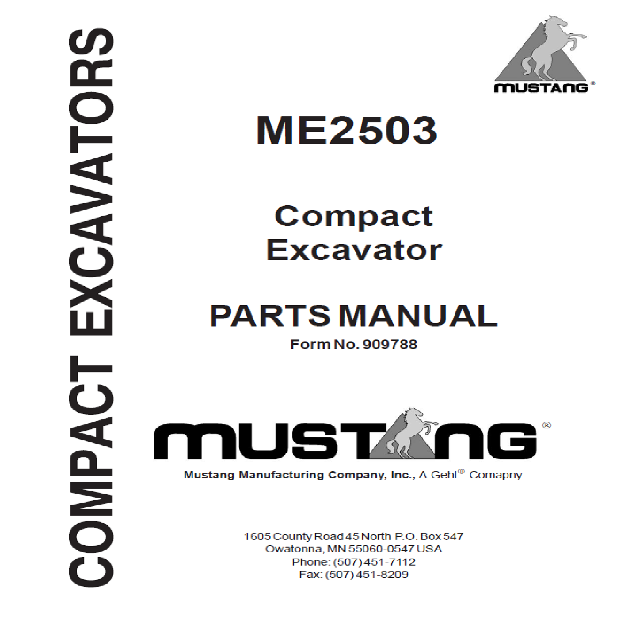 Mustang ME2503 Compact Excavator Parts Catalog Manual 909788 PDF Download