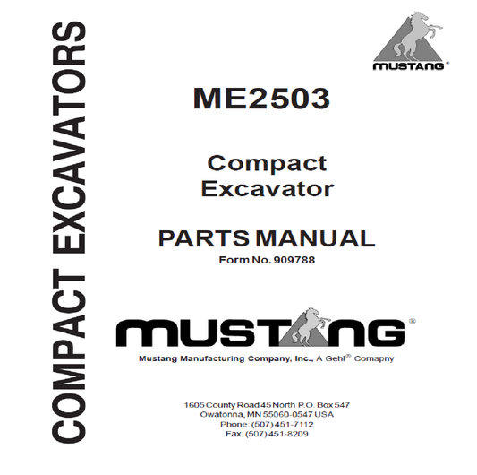 Mustang ME2503 Compact Excavator Parts Catalog Manual 909788 PDF Download