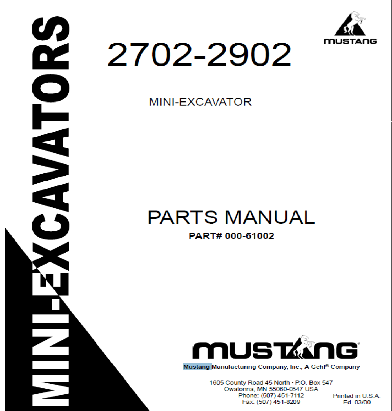 Mustang 2702-2902 MINI-EXCAVATOR Parts Catalog Manual 000-61002 PDF Download