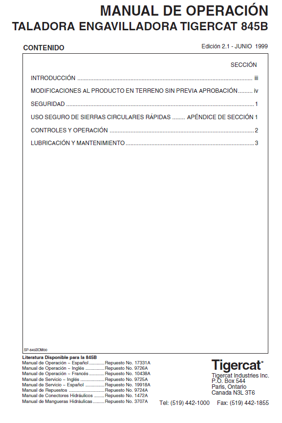 Tigercat L845B Feller Buncher Operator/User Manual (845T0501-845T1499)