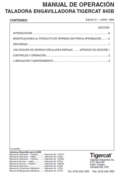 Tigercat L845B Feller Buncher Operator/User Manual (845T0501-845T1499)