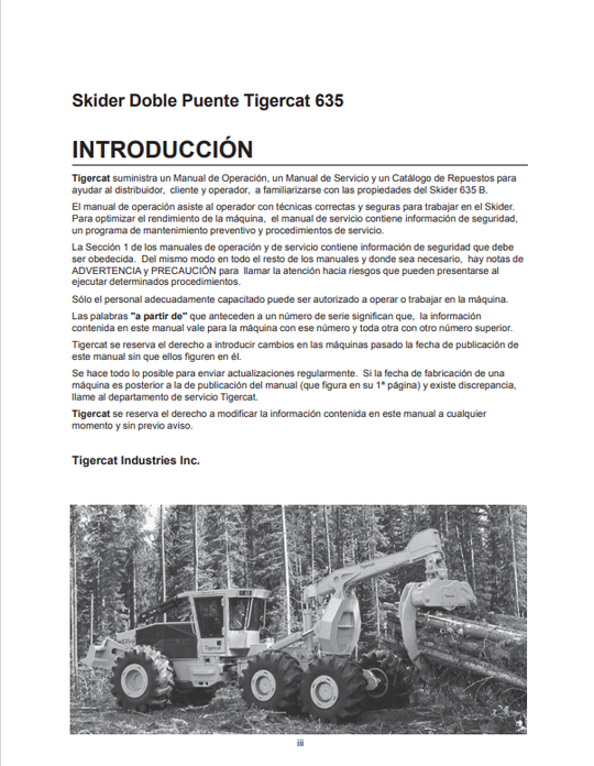 Tigercat 635 Skidder Operator's Manual (20787A)