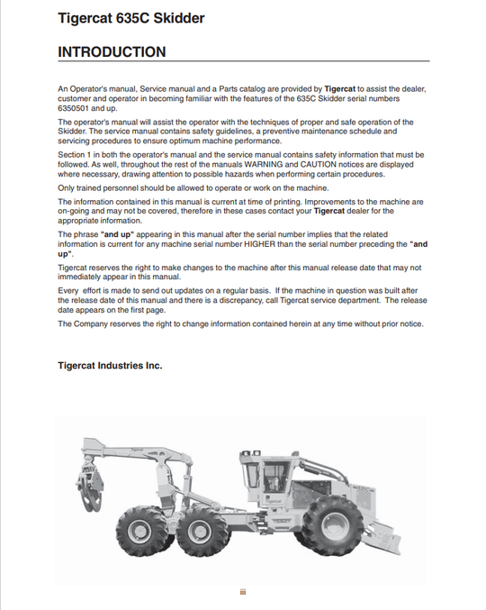 Tigercat 635C Skidder Operator's Manual (25729A)