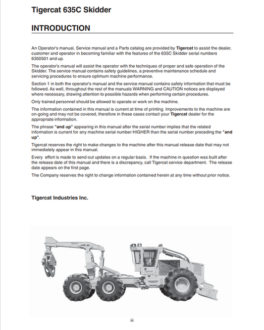 Tigercat 635C Skidder Operator's Manual (25729A)