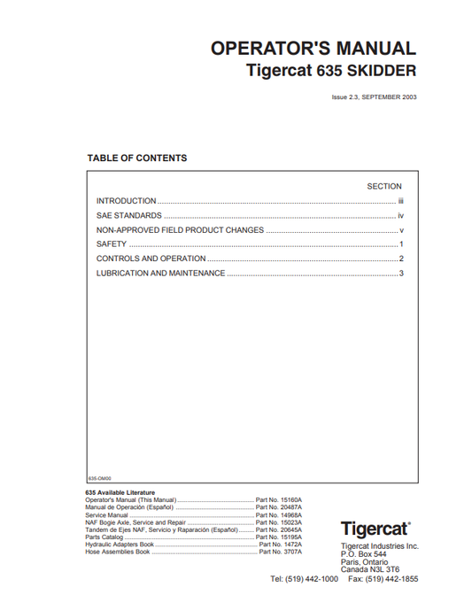 Tigercat 635 Skidder Operator's Manual (15160A)